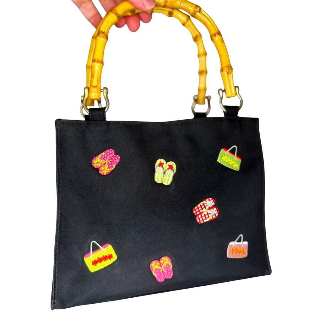 Tianni Handbag Women Small Black Y2K Vintage Bamboo Handle Embroidered Beach Bag
